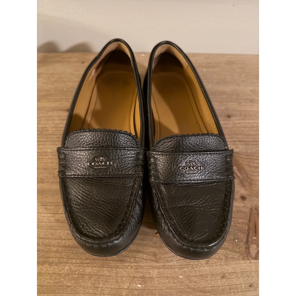 Coach Black Pebbled Leather‎ Loafers Penny Driving Mocs Women Silver Logo